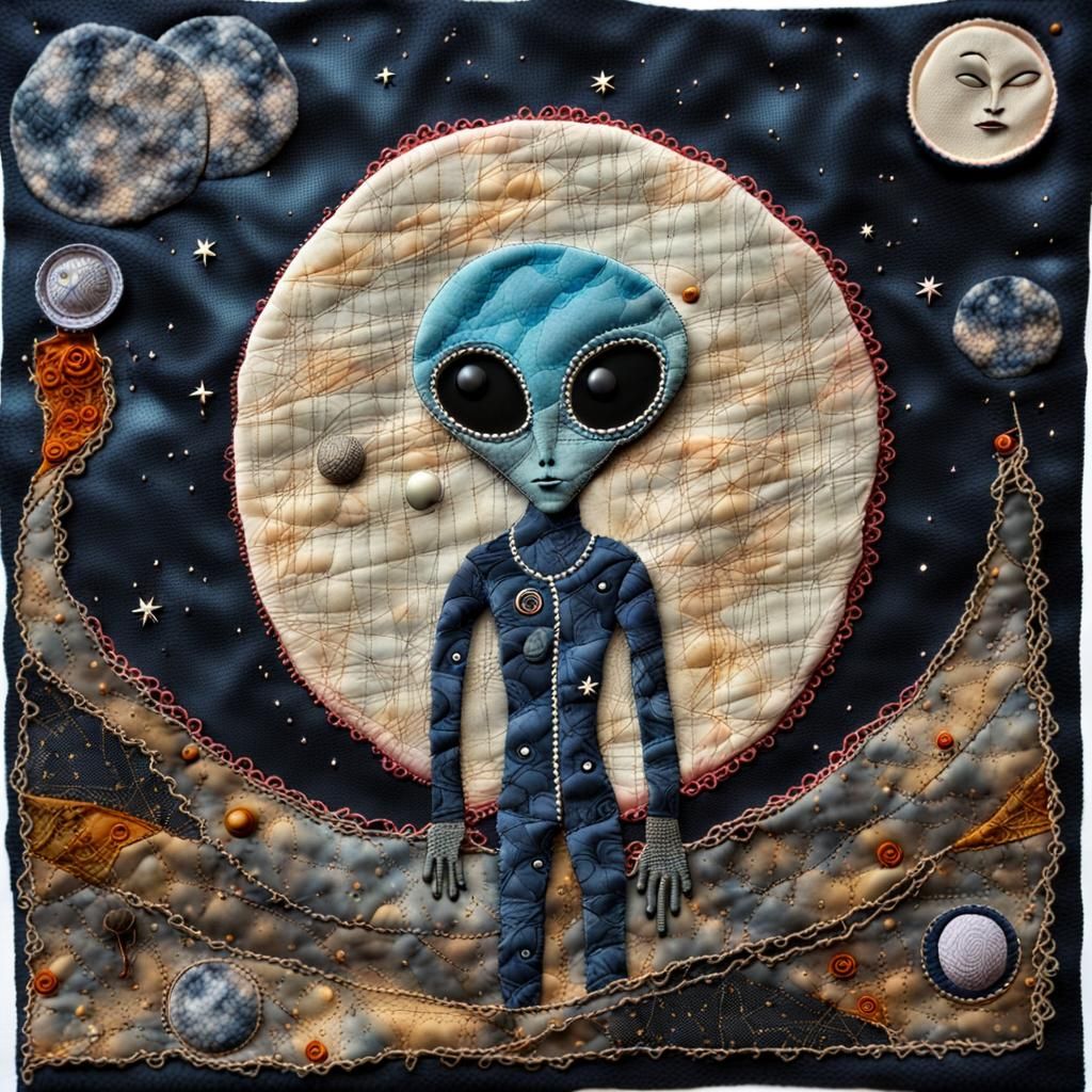 Mystical Alien on Moon Fabric Collage