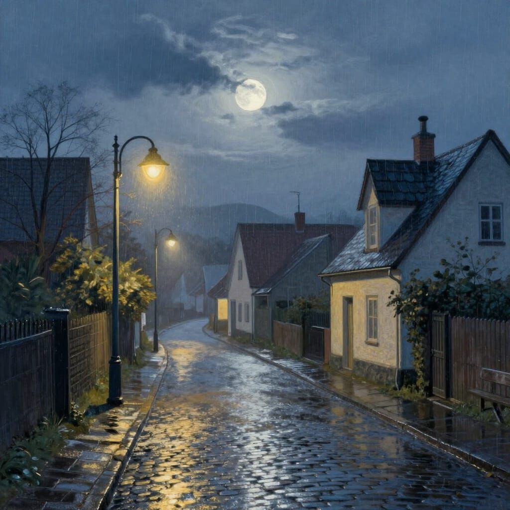 Rainy Village Evening with Moonlit Reflections