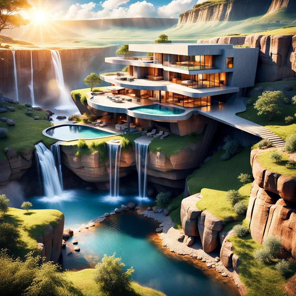 Impossible Cliffside House with Waterfall in Sunlight