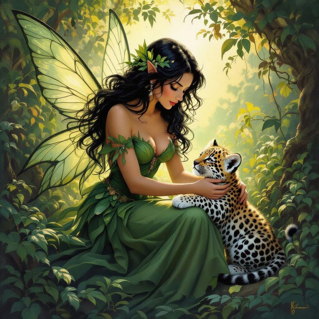 Fantasy Fairy with Leopard Cub in Painterly Style