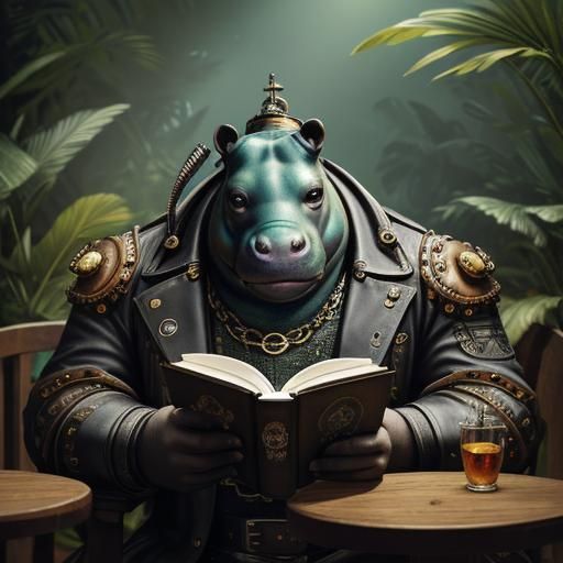 Steampunk Hippo Reading in Jungle Cafe