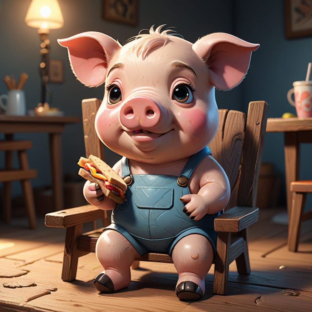 Whimsical Cartoon Pig Sits on Wooden Chair
