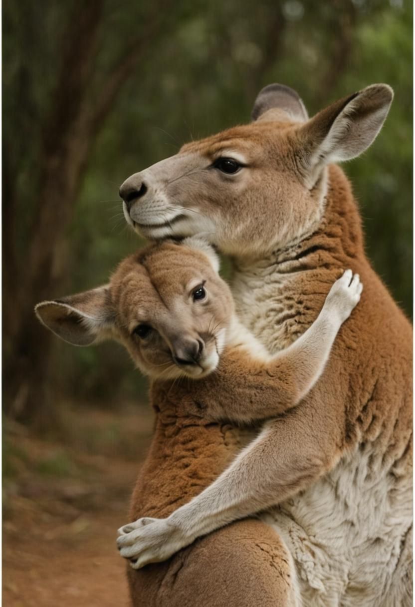 Affectionate Kangaroo Hug: A Heartwarming Moment