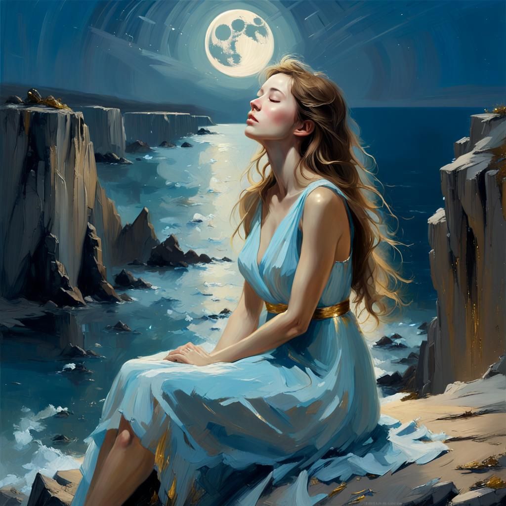Woman in Moonlight as Detailed Matte Painting