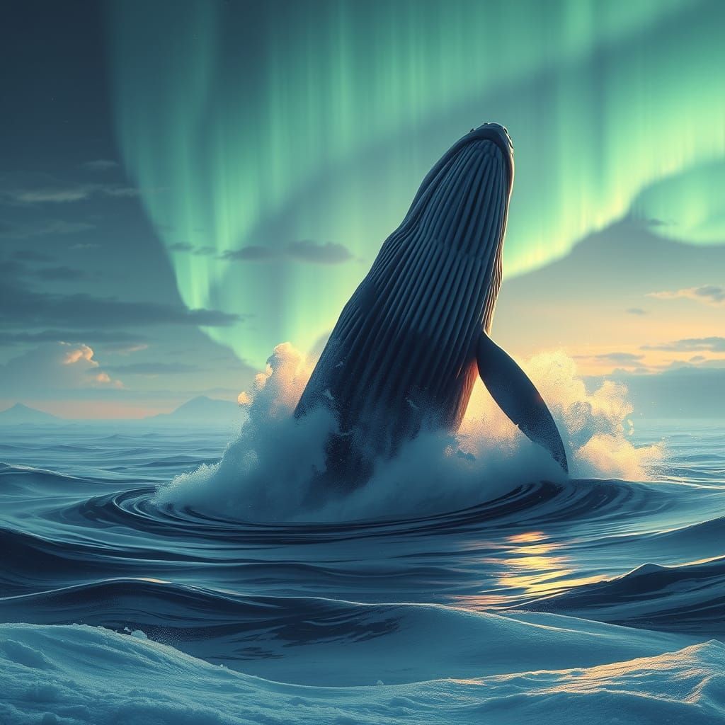 Whale Leaps into Arctic Dawn with Aurora Borealis