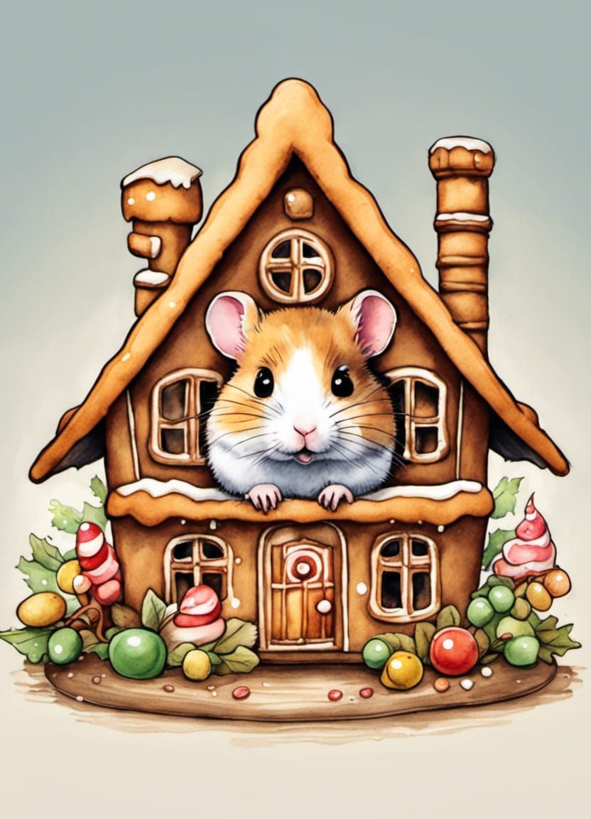 Hamster in Gingerbread House: Cute Anime Watercolor