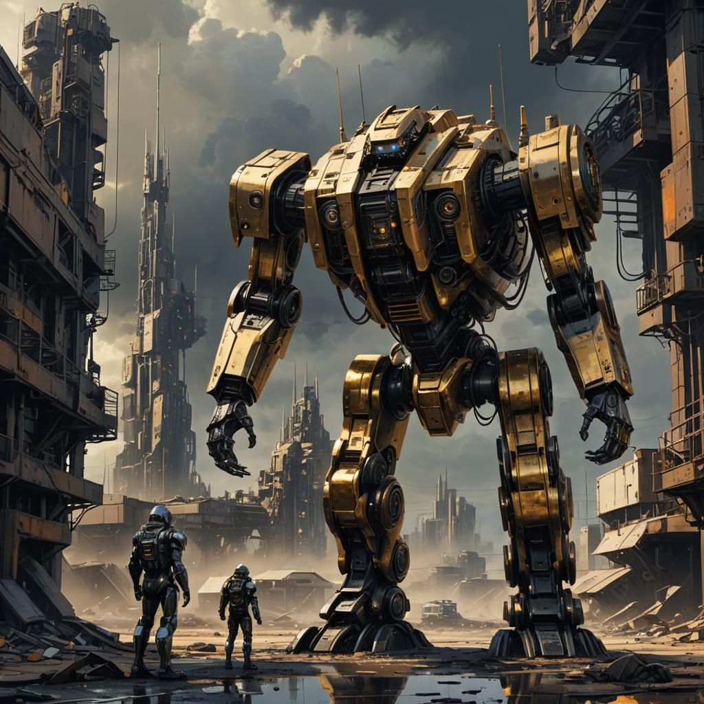 Military Robot in Abandoned Cityscape: Sci-Fi Concept Art