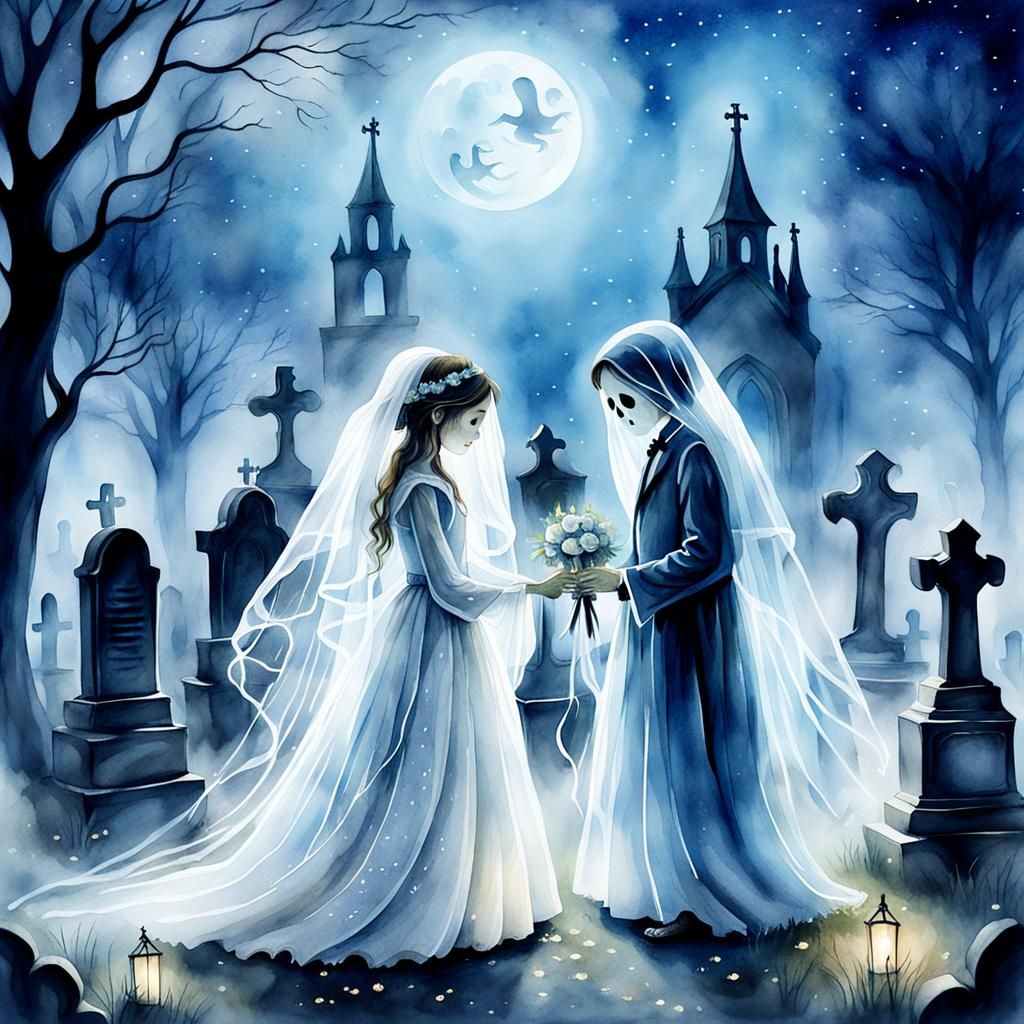 Ethereal Ghost Wedding in Moonlit Graveyard: Watercolor Art