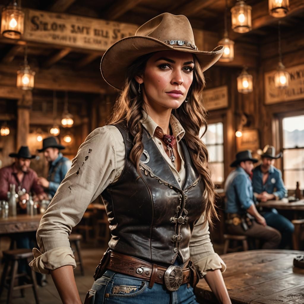 Realistic Cowgirl Gunslinger in Wild West Saloon