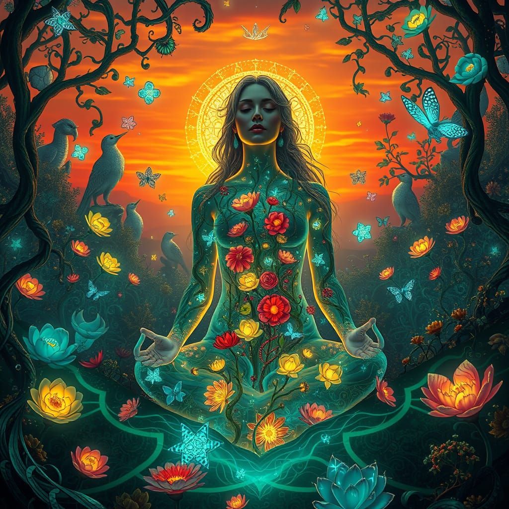 Dreamlike Surrealist Art of Mystical Woman in Sunset Labyrin...