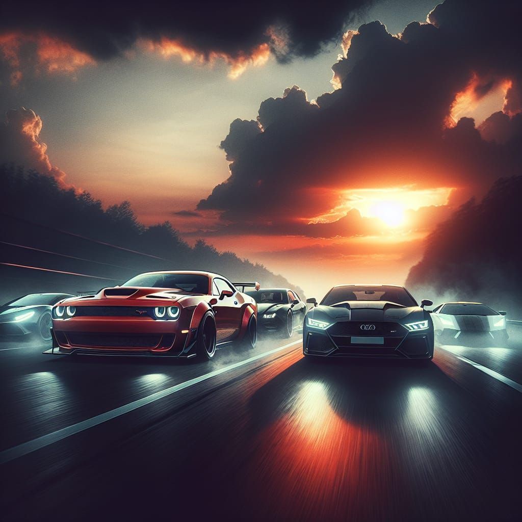Fiery Red Hellcat Races Sleek Lamborghini at Sunset