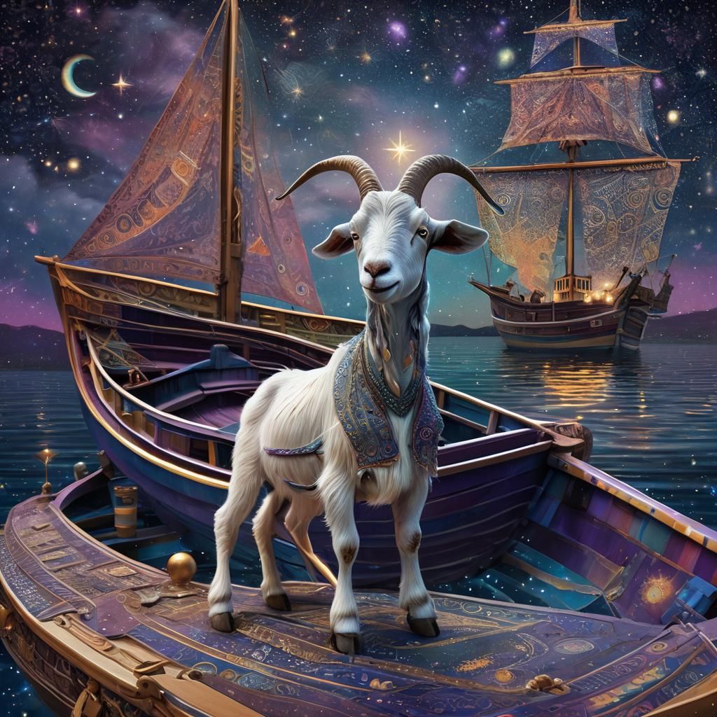Goat Sailing in Starry Sky: Surrealist Portrait