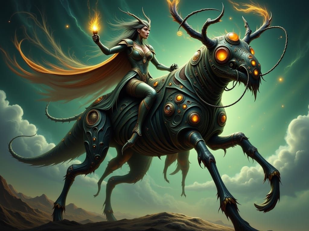 Armored Insect Queen Rides Fantastical Steed Under Galactic ...