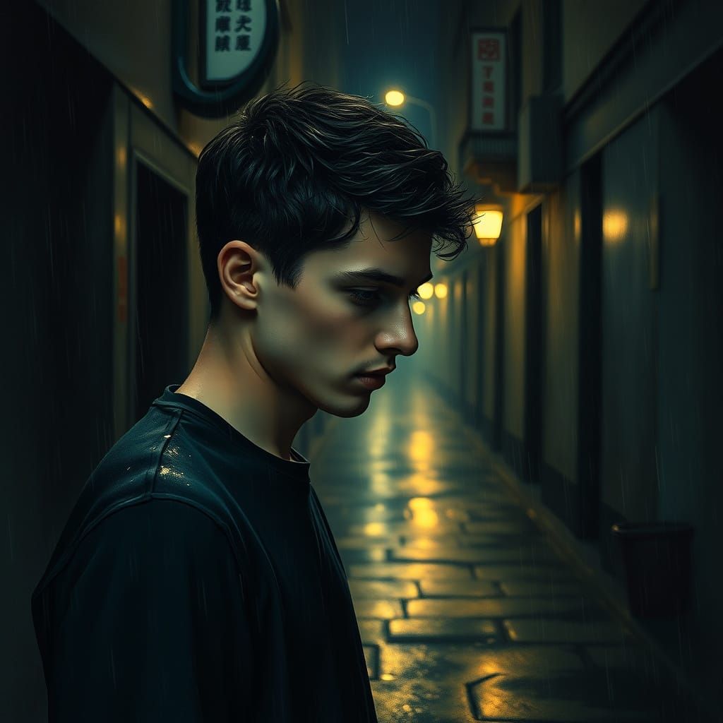 Young Man Lost in Melancholy Alleyway