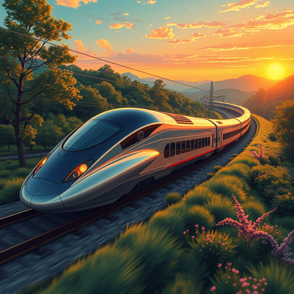 Futuristic Bullet Train in Japanese Countryside Sunset