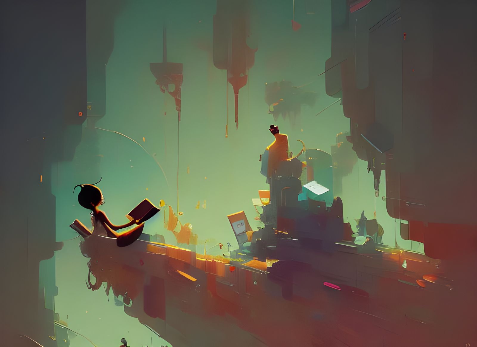 Elemental Library Spirits in Composite Art Style