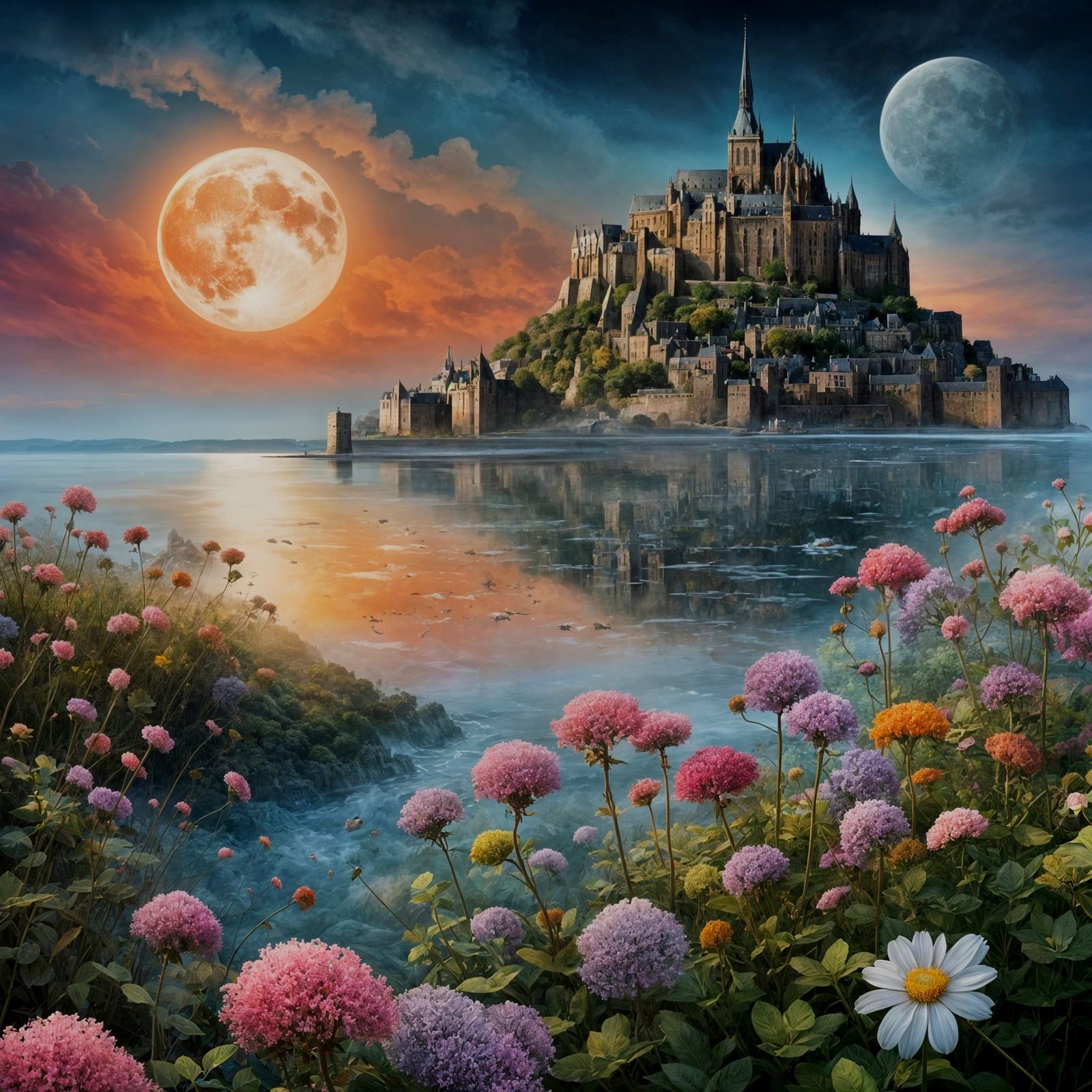 Mont Saint-Michel with Magical Smoke and Floral Details