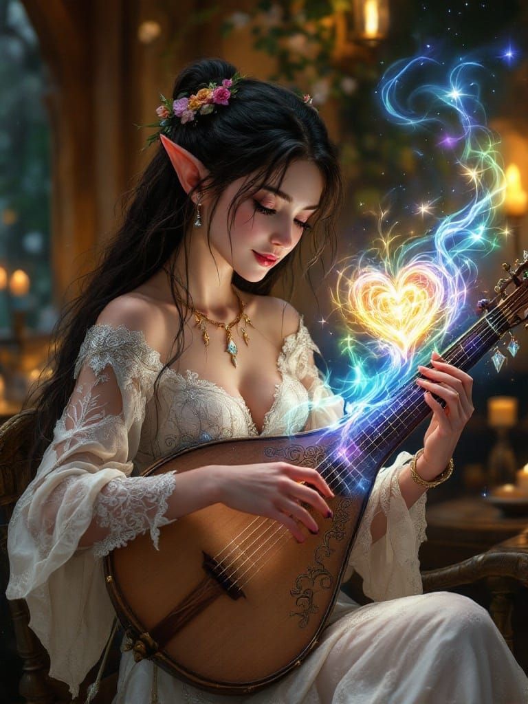 Enchanting Elven Bard in Whimsical Tavern Setting