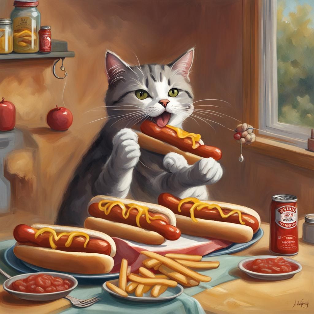 Cat Adding Relish to Hot Dogs