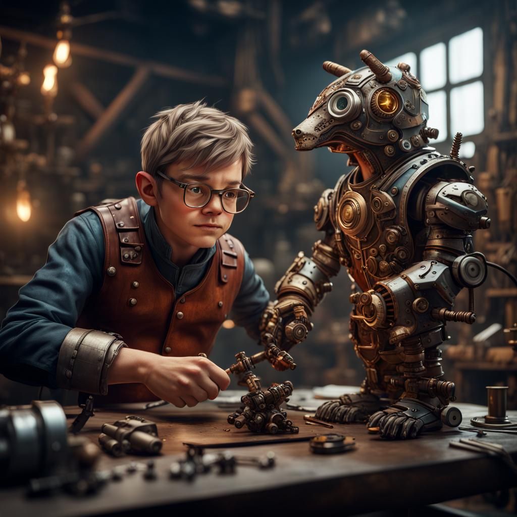 Steampunk Halfling Iron Man Creating Mechanical Animal