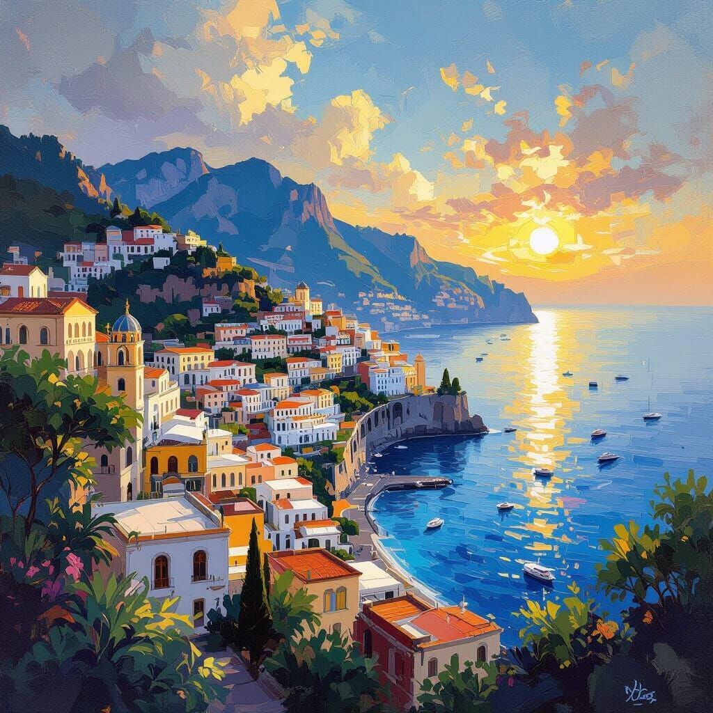 Serene Positano View as Vibrant Oil Painting