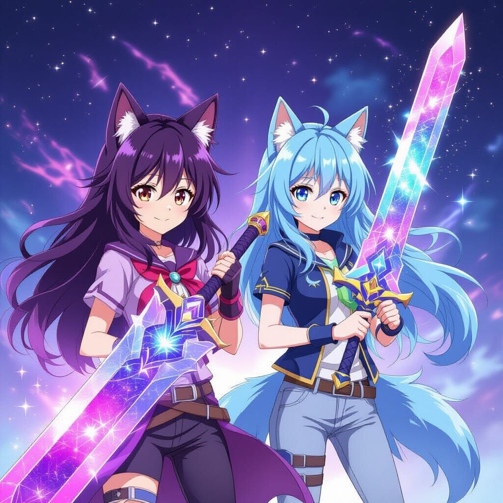 Anime Girls Wielding Cosmic and Tech Swords