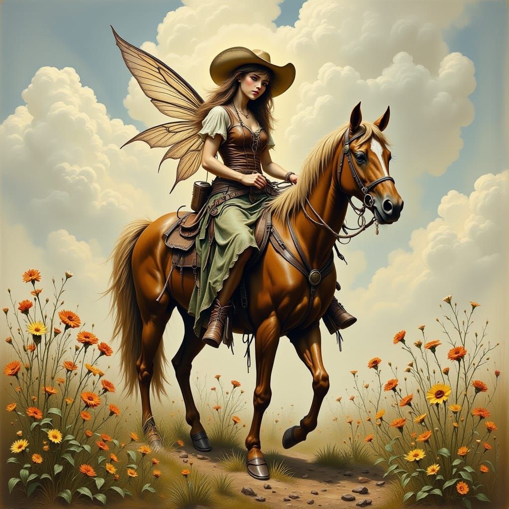 Fairy Cowgirl Rides Through Wildflower Meadow