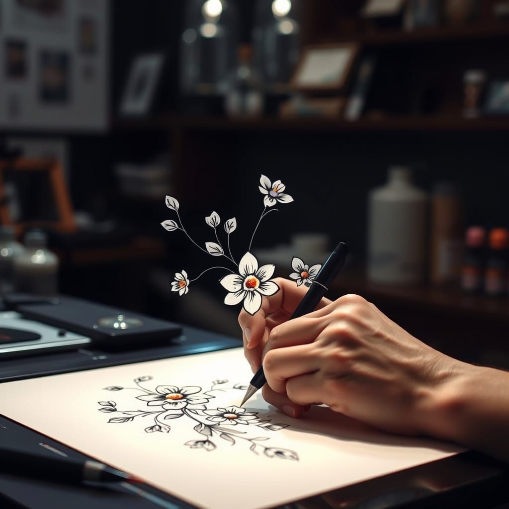 Floral Fine Line Art Flash Tattoo Design