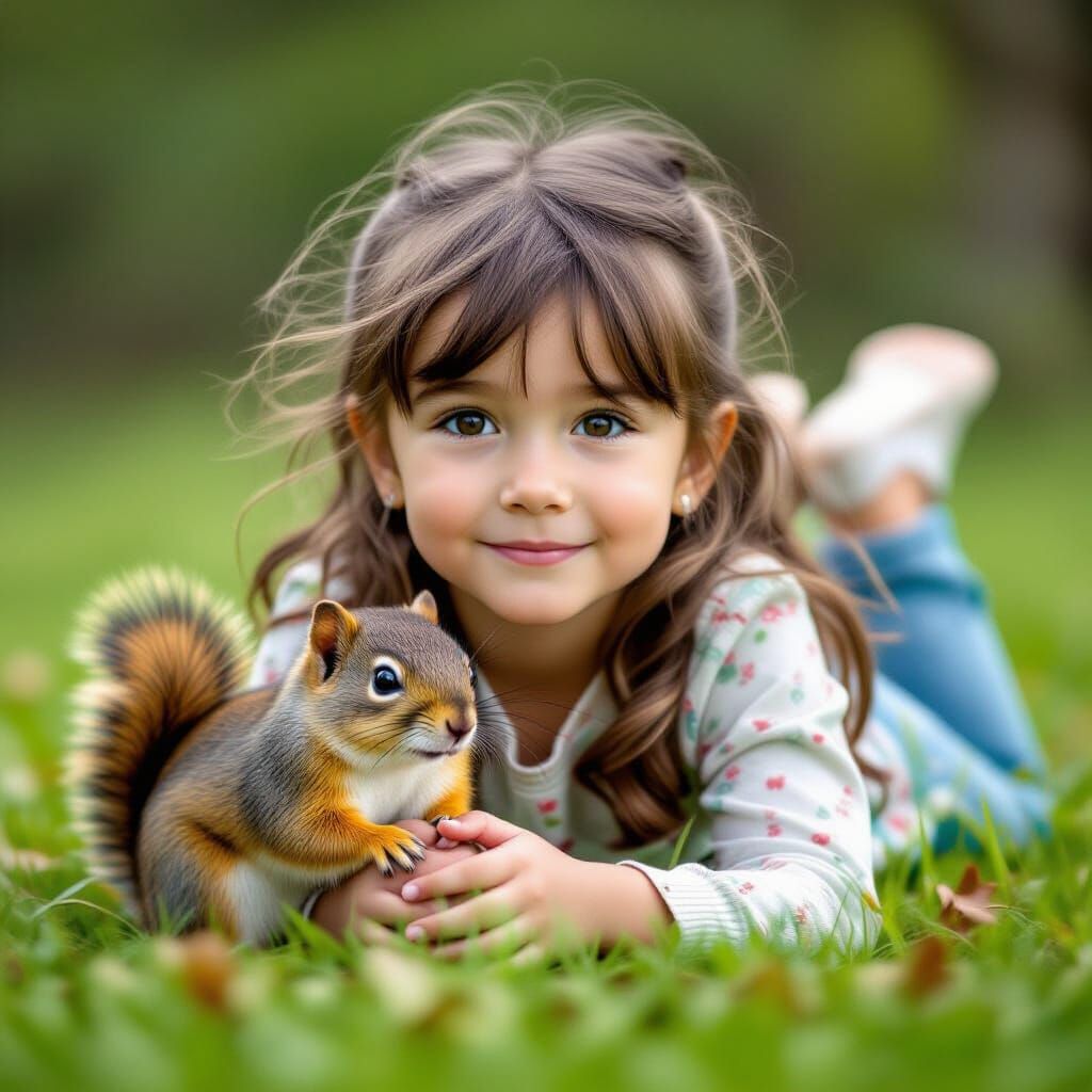 Girl and Chipmunk in Grassy Meadow