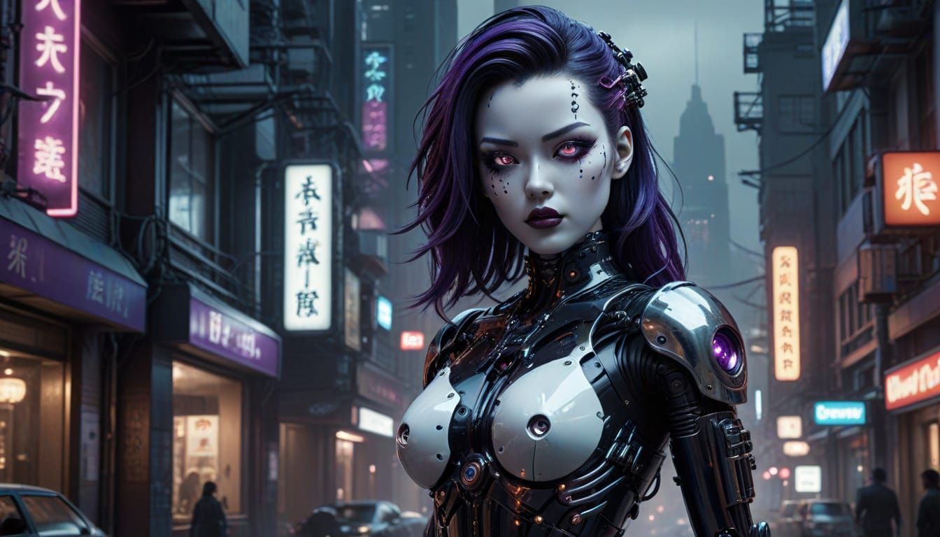 Gothic Gynoid in Cyberpunk Cityscape Pinup Art