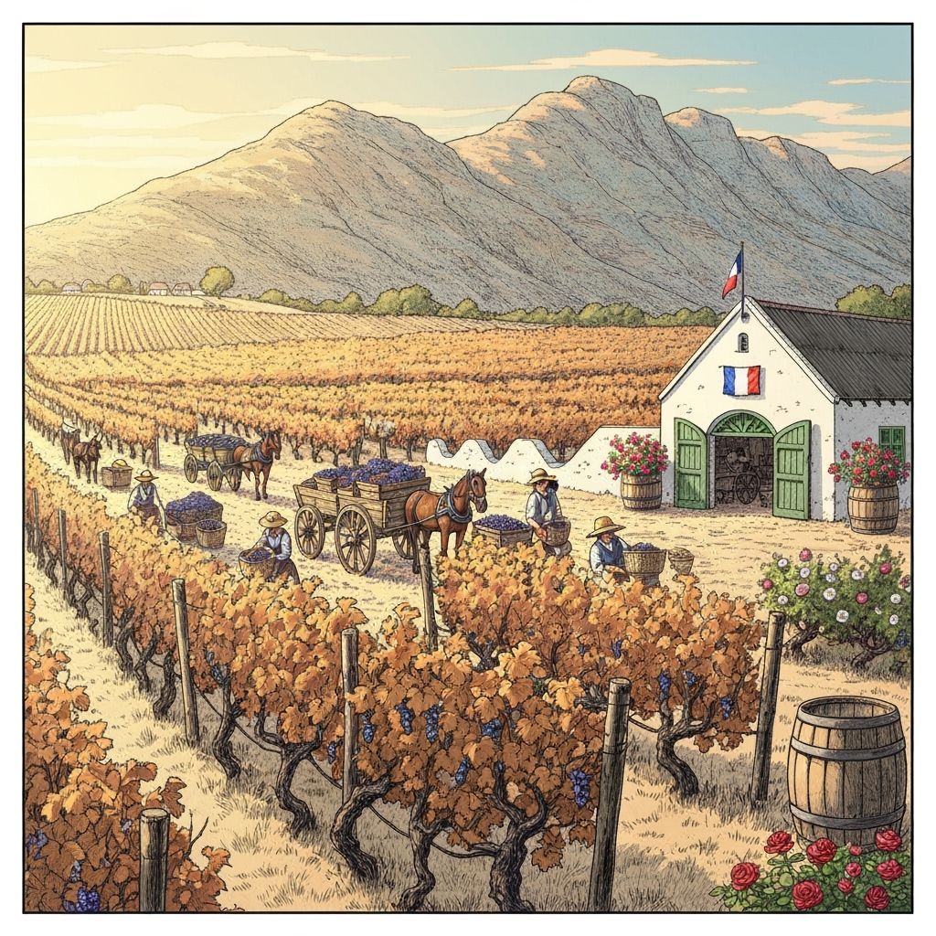 Golden Dawn Over Ancient Vineyard with Fruit Pickers