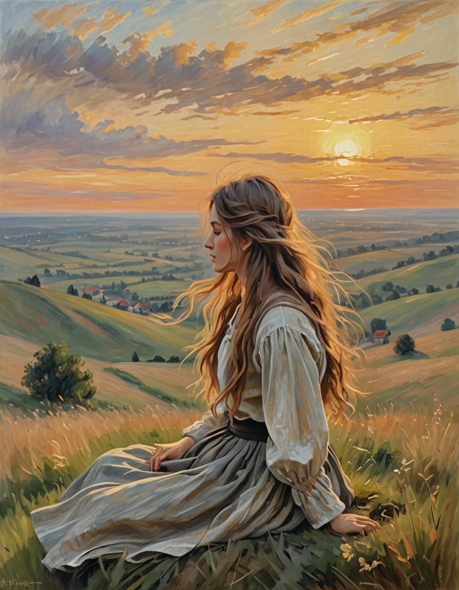 Young Woman Watching Sunset: Impressionist Painting