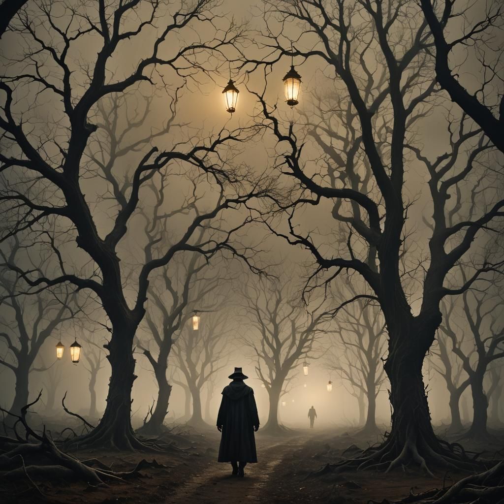 Eerie Landscape: Gothic Art of a Lone Wanderer