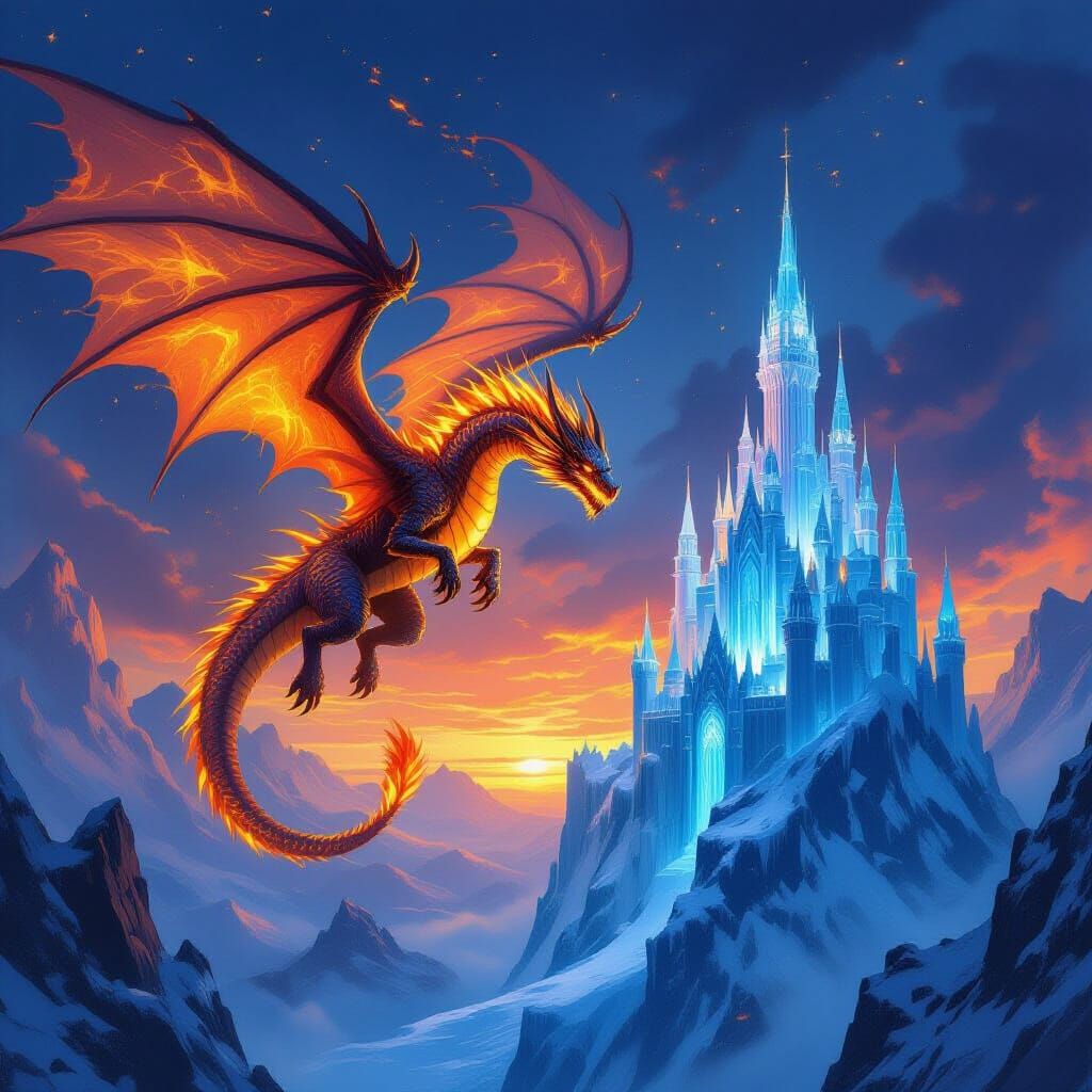 Epic Fire Dragon vs Ice Castle Fantasy Art
