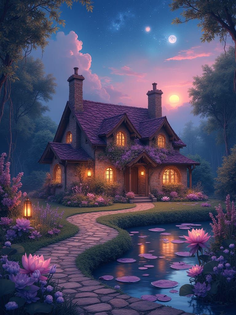 Dreamy Floral Cottage at Dusk