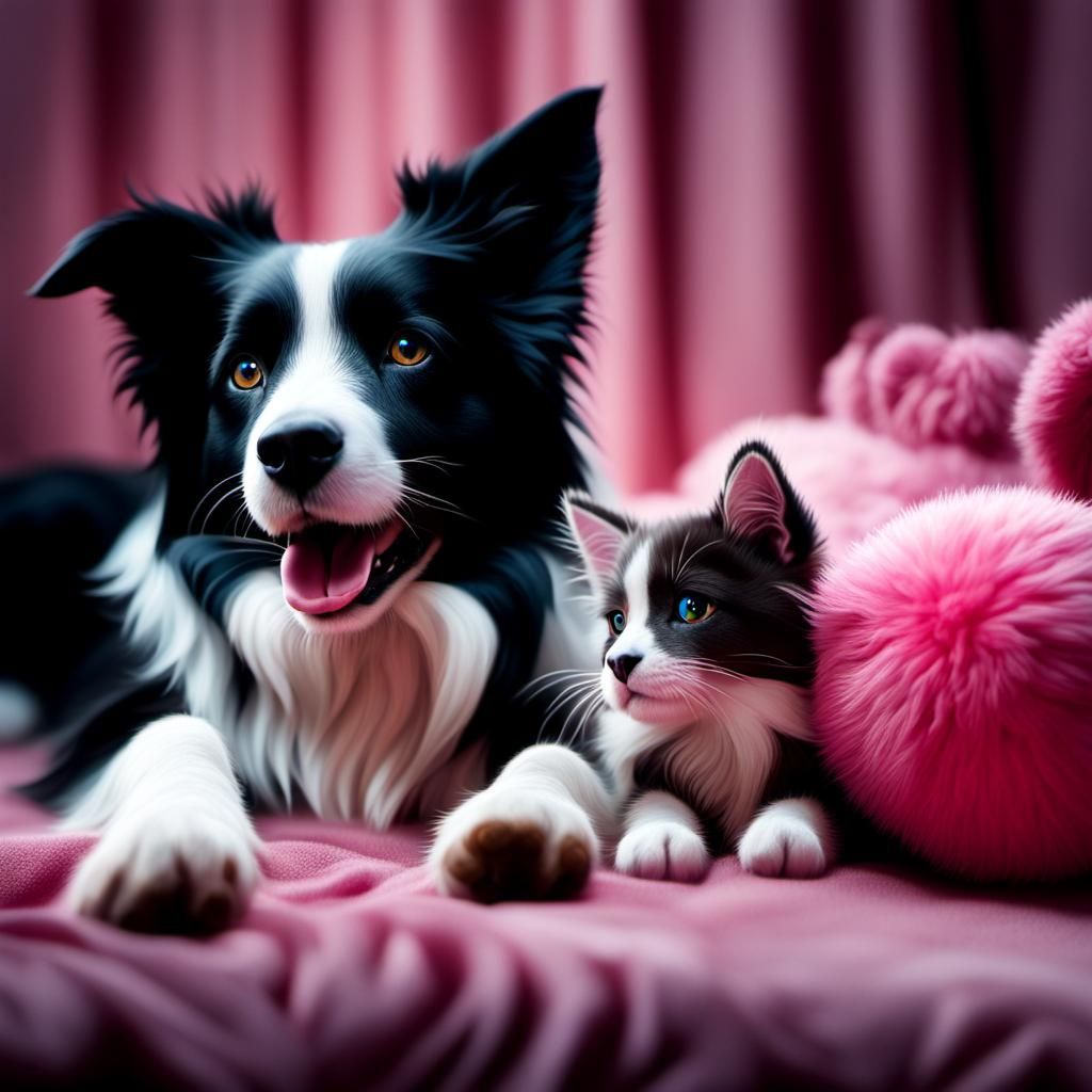 Hyper-Realistic Border Collie with Pink Cat Toy