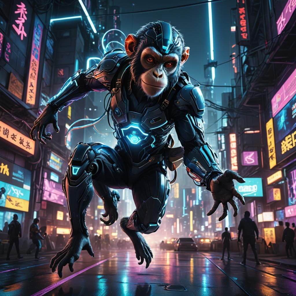 Cyberpunk Monkey Ghost Acrobatics in Neon Cityscape