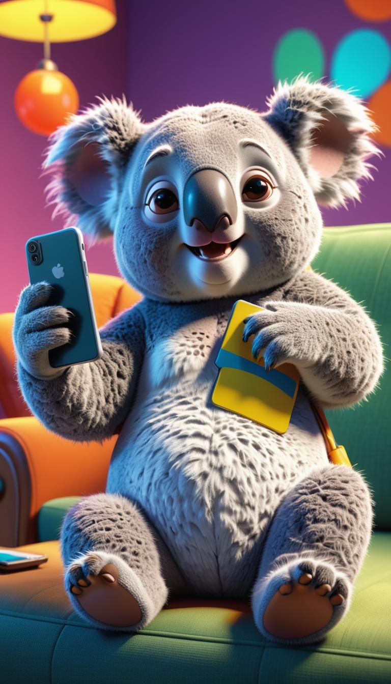 Fluffy Koala Taking Selfie: 3D Digital Art