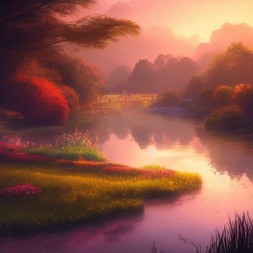 River Garden at Sunset: Digital Matte Painting