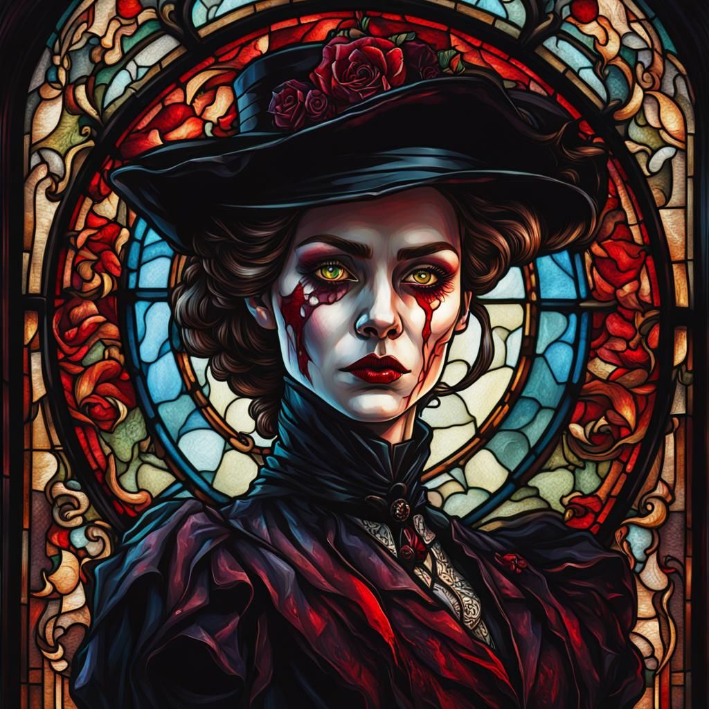 Victorian Woman in Blood Stained-Glass Window