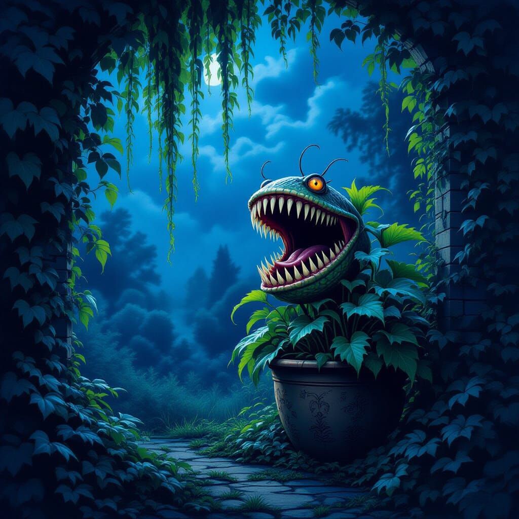 Surreal Venus Flytrap in Abandoned Garden