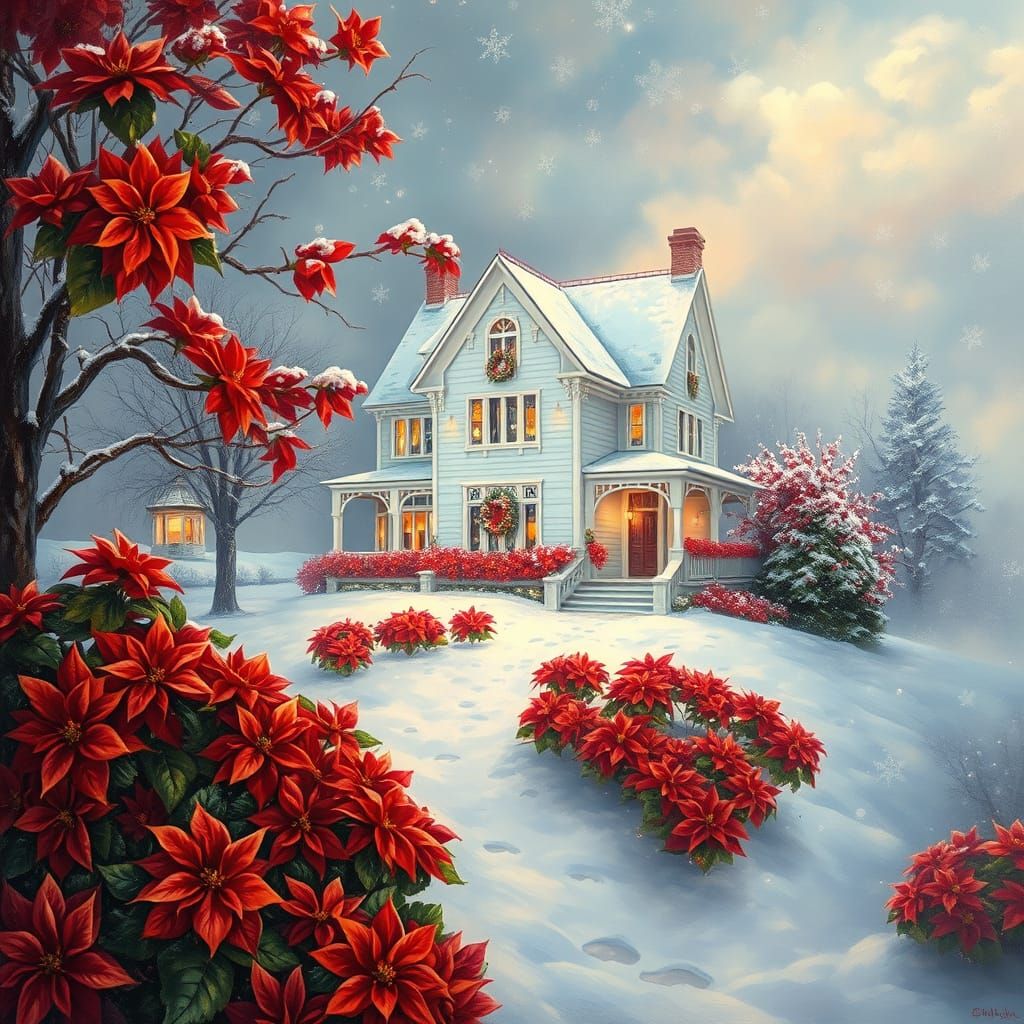 Victorian House in Snowy Psychedelic Garden