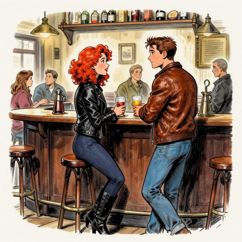 Couple Chatting at Pub Counter in European Comics Style