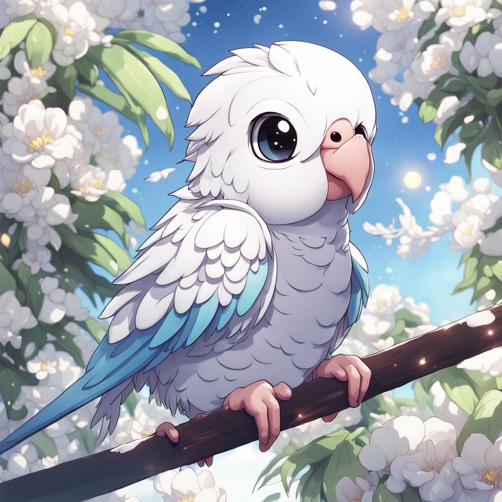 Adorable Chibi Parakeet in Anime Key Visual Style