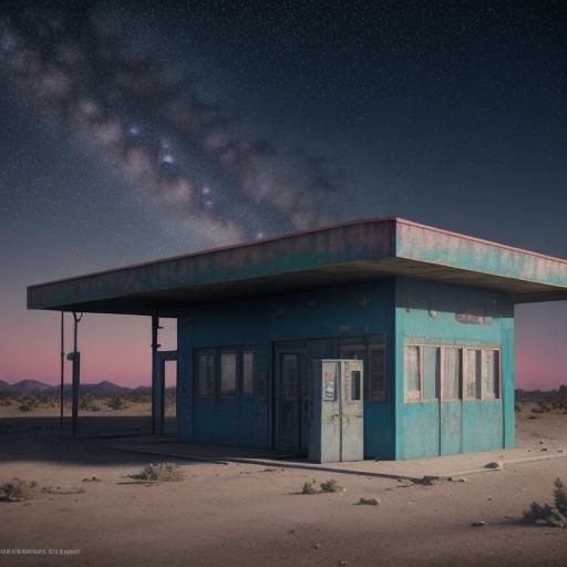 Desert Gas Station at Night, Detailed Matte Painting