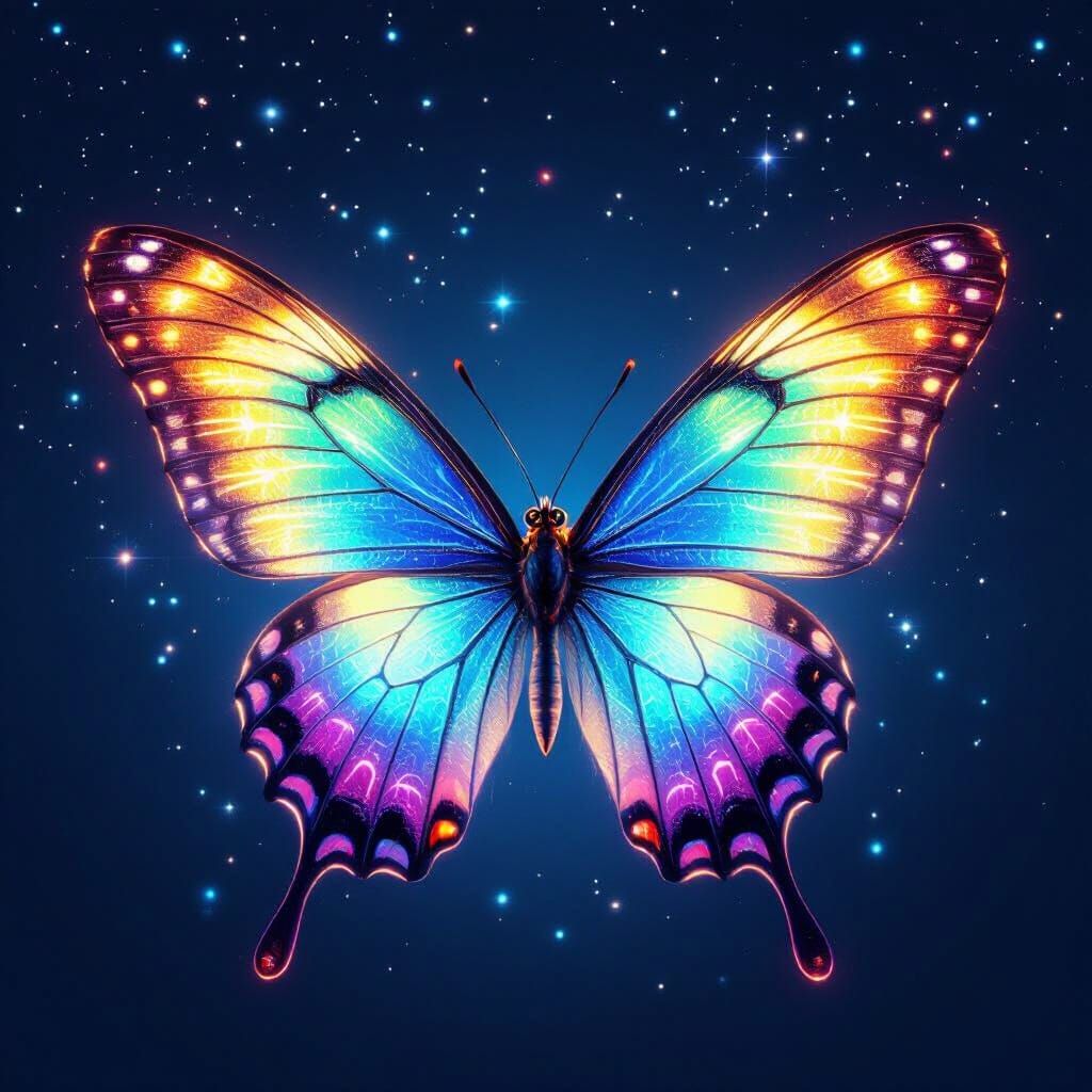 Luminescent Rainbow Butterfly on a Dark Background