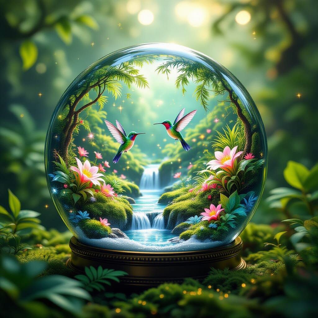 Magical Jungle Snow Globe with Bioluminescent Flora
