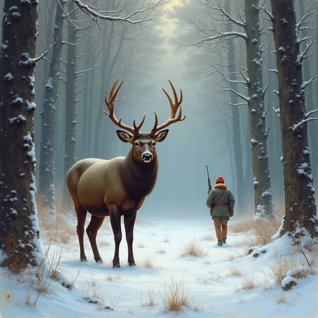 Winter Deer Scene in Serene Forest Landscape