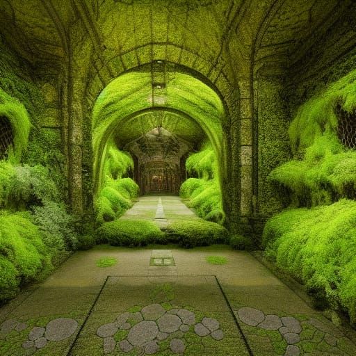 Library Interior Reclaimed by Nature in Digital Art