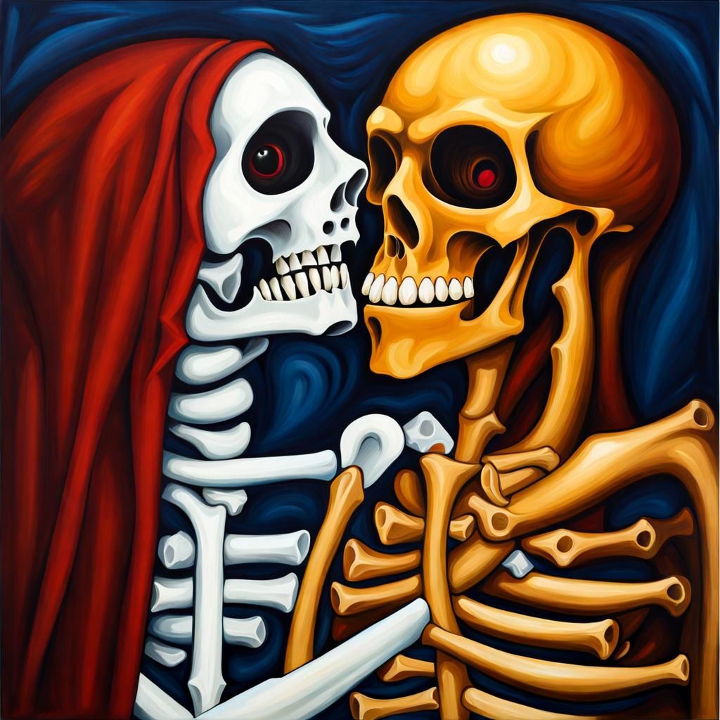 Medieval Skeletons in Love: An Oil Painting